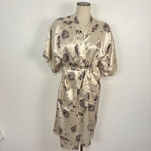 Sheng Tangkuvi Womens Medium Satin Kimono Robe Ivory Cream Asian Graphic Lounge